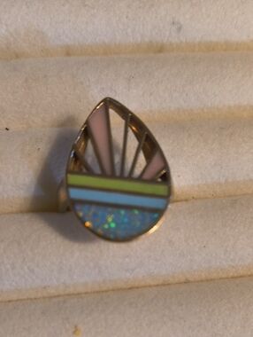 BBJ Teardrop Inlay Ring Mother Of Pearl, Gr Turquoise, Lapis, Opal Gold Over